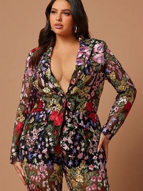 Fashion Nova Black Sheer Floral Embroidered Blazer